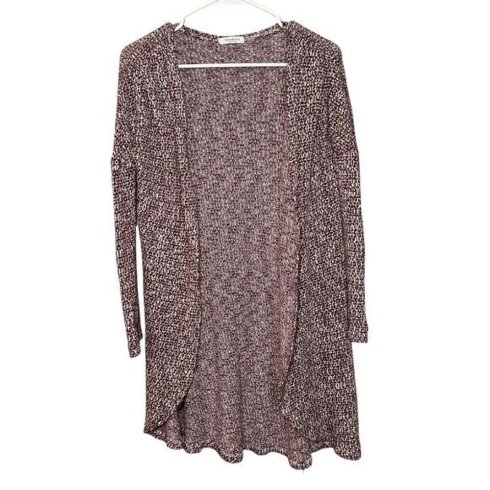 Promesa Open Front Cardigan Women Sz M Red White Black Marled Knit Layering Boho